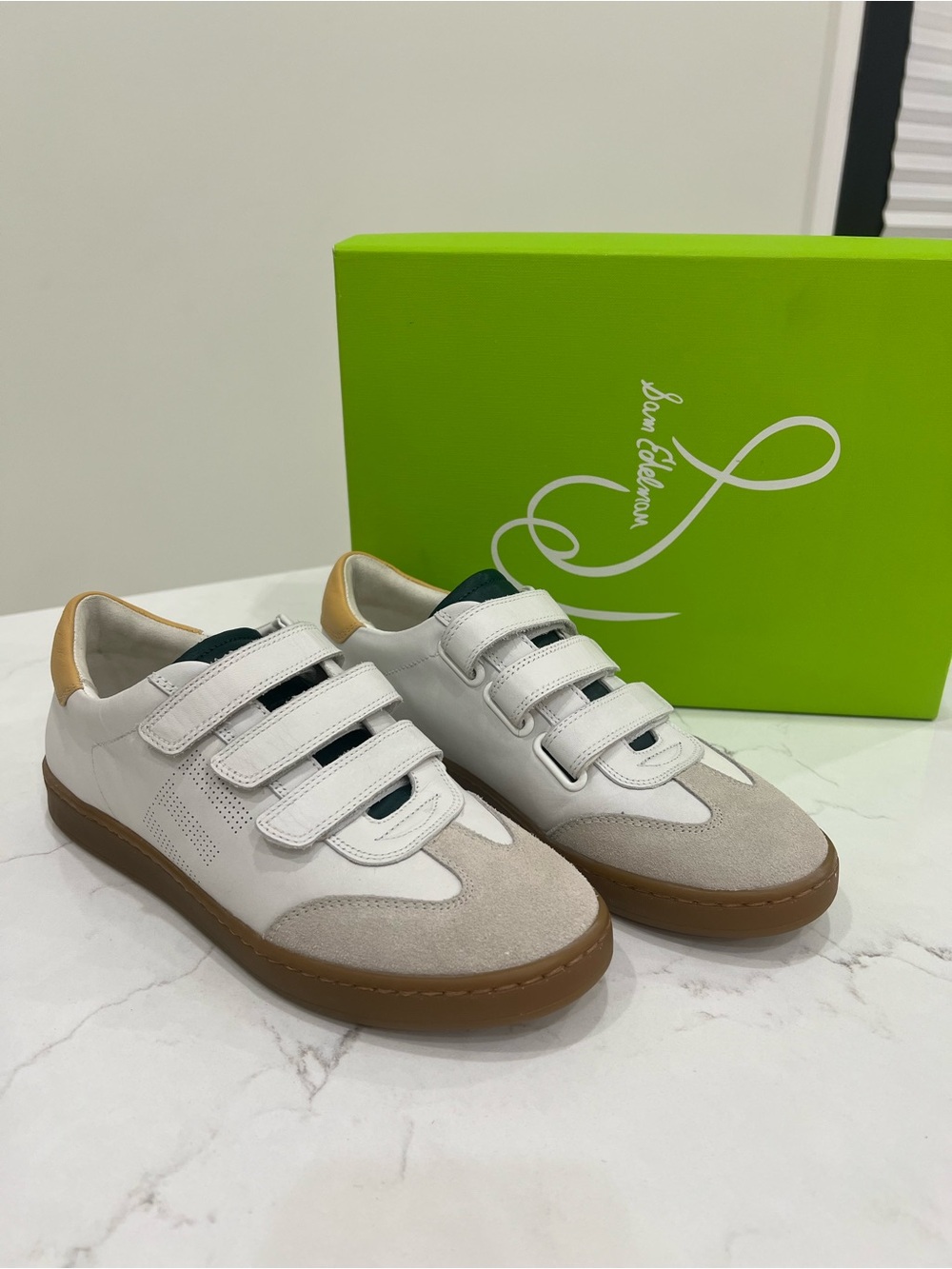 Sam Edelman White, Tan & Gum Velcro Sneakers